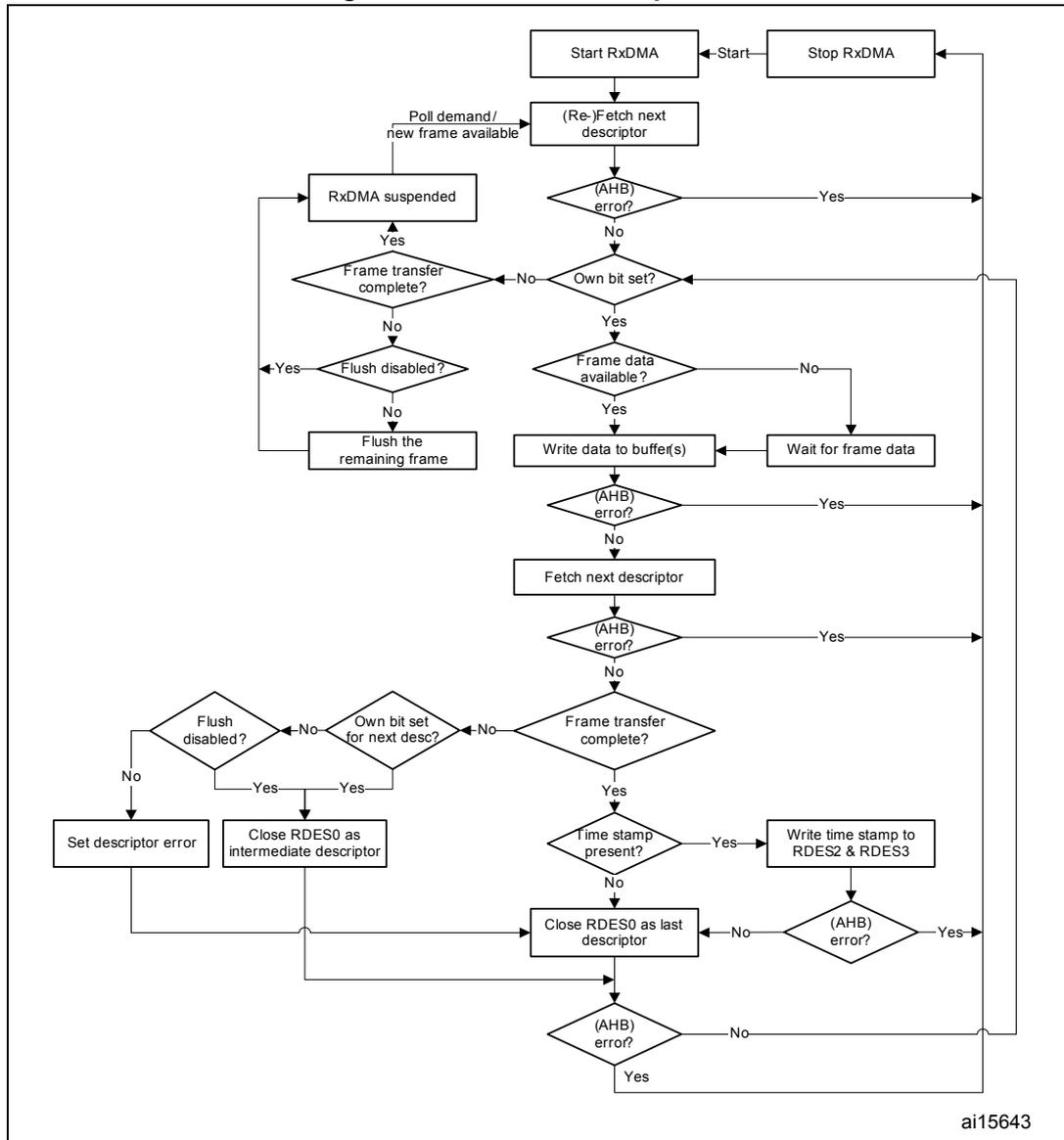 Flowchart of Receive DMA operation showing the sequence from Start RxDMA to Stop RxDMA, including descriptor fetching, data writing, and error handling.