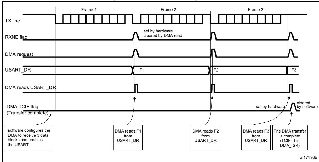 Timing diagram for Figure 243. Reception using DMA. The diagram shows the sequence of events for receiving three frames (Frame 1, Frame 2, Frame 3) using DMA. The TX line shows the transmitted data. The RXNE flag is set by hardware and cleared by the DMA read. The DMA request is generated when the RXNE flag is set. The USART_DR register contains the received data (F1, F2, F3). The DMA reads the data from the USART_DR register. The DMA TCIF flag (Transfer complete) is set by hardware and cleared by software. Callouts indicate: 'software configures the DMA to receive 3 data blocks and enables the USART', 'DMA reads F1 from USART_DR', 'DMA reads F2 from USART_DR', 'DMA reads F3 from USART_DR', and 'The DMA transfer is complete (TCIF=1 in DMA_ISR)'.