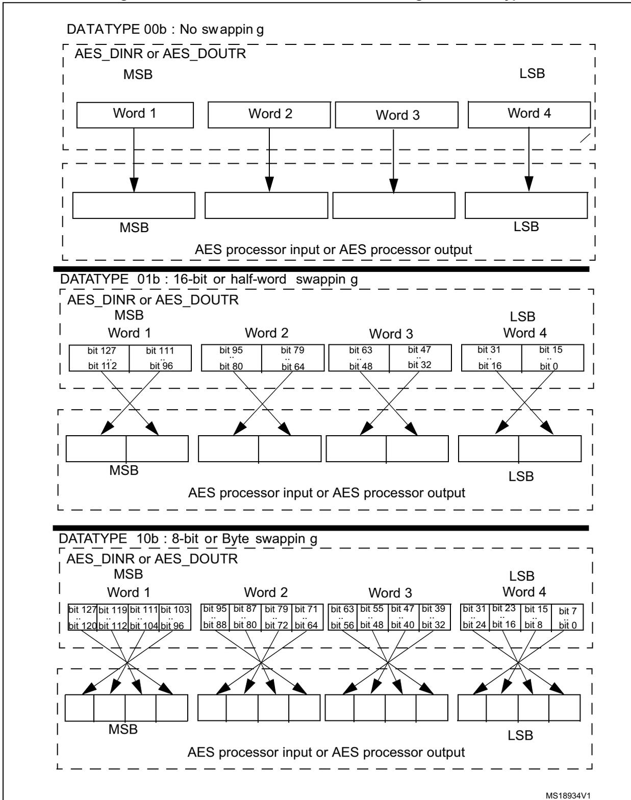 Diagram showing 128-bit block construction for three data types: DATATYPE 00b (No swapping), DATATYPE 01b (16-bit or half-word swapping), and DATATYPE 10b (8-bit or Byte swapping). Each section shows the mapping of input words to output blocks for AES processor input or output.