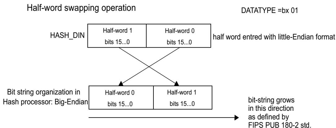 Diagram C: Half-word swapping operation. It shows a half-word string organization in the Hash processor (Big-Endian) with half-words 0, 1. Above it, the HASH_DIN input shows half-words 1, 0. Arrows show the mapping: half-word 0 to half-word 1, and half-word 1 to half-word 0. A dashed line separates this section from the next.
