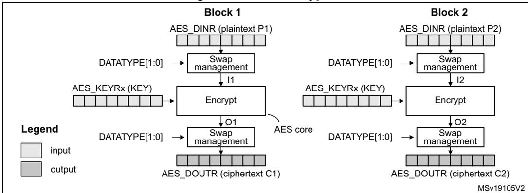 Detailed diagram of ECB encryption for Block 1 and Block 2 showing data flow through swap management, encryption, and back to swap management.