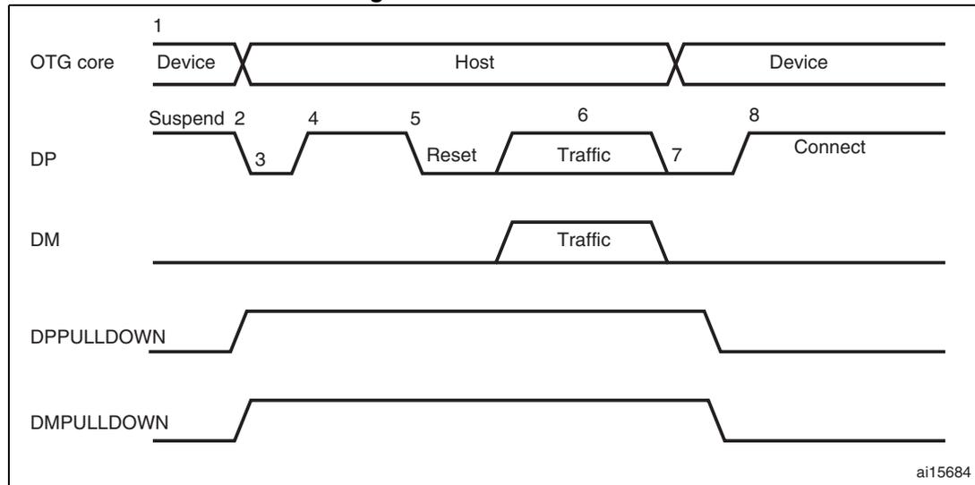 Timing diagram for B-device HNP showing OTG core, DP, DM, DPPULLDOWN, and DMPULLDOWN signals over time.