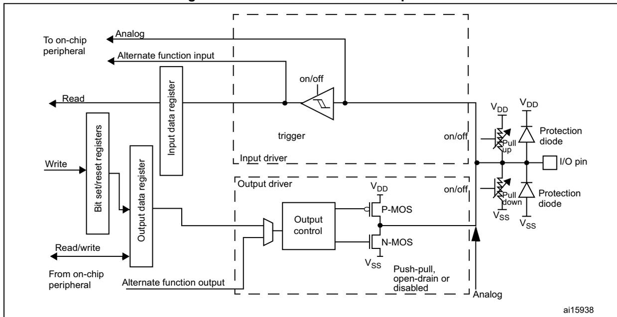 Schematic diagram of a standard I/O port bit structure showing input/output drivers, registers, and protection circuitry.
