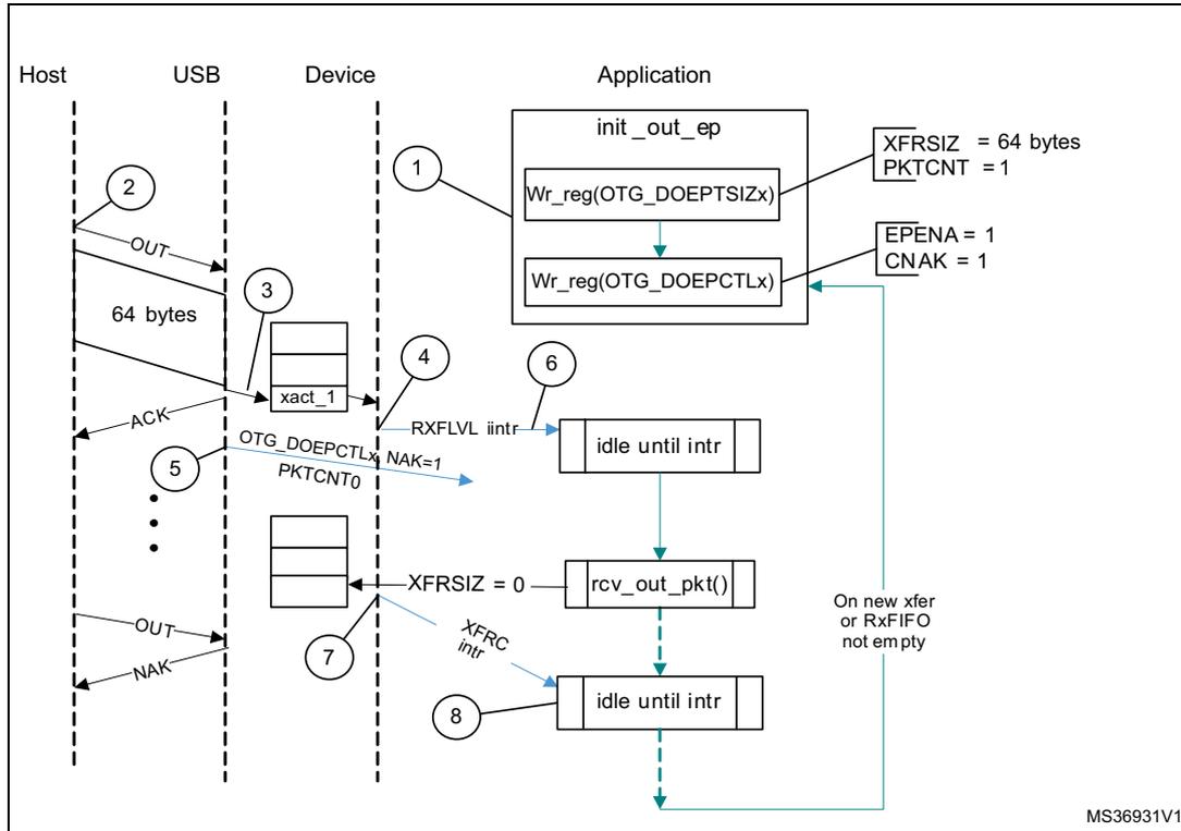 Sequence diagram of a Bulk OUT transaction showing Host, USB, Device, and Application interactions. The diagram illustrates the flow of data from the Host to the Device's Rx FIFO, the generation of RXFLVL and XFRG interrupts, and the application's processing of the data. Key registers like OTG_DOEPTSIZx and OTG_DOEPCTLx are shown being initialized with XFRSIZ=64, PKTCNT=1, EPENA=1, and CNAK=1.