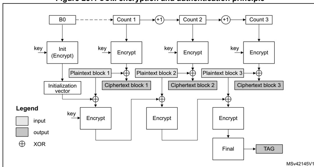 Diagram illustrating the CCM encryption and authentication principle. The process starts with B0, which is input to an 'Init (Encrypt)' block along with a 'key'. The output of 'Init (Encrypt)' is the 'Initialization vector'. B0 also feeds into 'Count 1', which is incremented by +1 to produce 'Count 2', which is incremented by +1 to produce 'Count 3'. 'Count 1', 'Count 2', and 'Count 3' are input to 'Encrypt' blocks along with the 'key'. The outputs of these 'Encrypt' blocks are XORed with 'Plaintext block 1', 'Plaintext block 2', and 'Plaintext block 3' respectively to produce 'Ciphertext block 1', 'Ciphertext block 2', and 'Ciphertext block 3'. The 'Initialization vector' is XORed with 'Ciphertext block 1' and input to an 'Encrypt' block along with the 'key'. The output of this 'Encrypt' block is XORed with 'Ciphertext block 2' and input to another 'Encrypt' block along with the 'key'. The output of this 'Encrypt' block is XORed with 'Ciphertext block 3' and input to a 'Final' block. The output of the 'Final' block is the 'TAG'. A legend indicates that white boxes are 'input', grey boxes are 'output', and the circle with a cross symbol is 'XOR'. The diagram is labeled MSv42145V1.