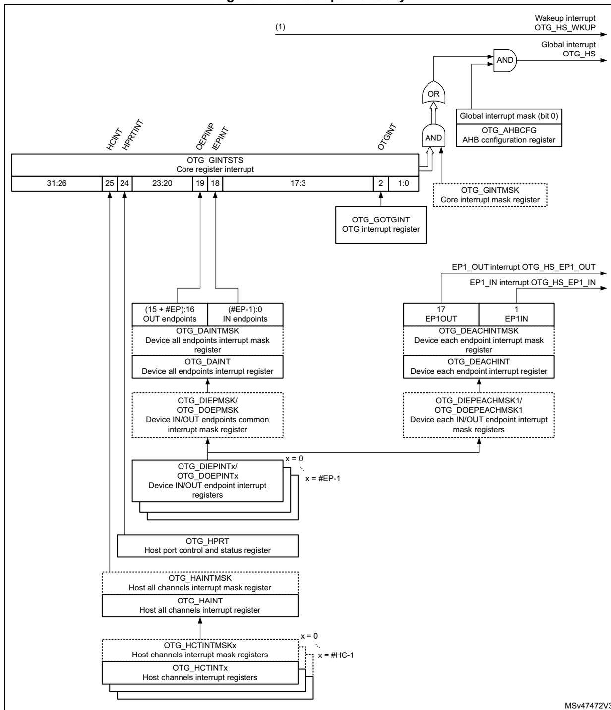 Figure 758: Interrupt hierarchy diagram. This logic diagram shows the interrupt signal path for the OTG_HS core. At the top right, the 'Global interrupt OTG_HS' is generated by an AND gate combining a 'Global interrupt mask (bit 0)' from the OTG_AHBCFG register and an OR gate output. This OR gate combines signals from the OTG_GOTINT (OTG interrupt register) and the OTG_GINTSTS (Core register interrupt). The OTG_GINTSTS register (bits 31:0) receives inputs from various sources: bits 25:24 (HCINT, HPRTINT) from host registers, bits 19:18 (OEPINT, IEPINT) from device endpoint registers, and bits 17:3 from host channel registers. The diagram details the hierarchy for Host interrupts (OTG_HCTINTx -> OTG_HCTINTMSKx -> OTG_HAINT -> OTG_HAINTMSK -> OTG_HPRT) and Device interrupts (OTG_DIEPINTx/OTG_DOEPINTx -> OTG_DIEPMSK/OTG_DOEPMSK -> OTG_DAINT -> OTG_DAINTMSK). It also shows dedicated endpoint interrupts for EP1OUT and EP1IN (OTG_DEACHINT, OTG_DEACHINTMSK, OTG_DIEPEACHMSK1/OTG_DOEPEACHMSK1). A separate 'Wakeup interrupt OTG_HS_WKUP' is shown at the top.