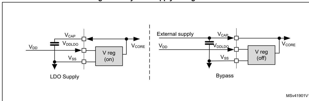 Figure 20 shows two system supply configurations for the V_CORE domain. The left diagram, labeled 'LDO Supply', shows the V reg (on) block connected to V_D, V_S, and V_DDLDO pins, with V_CAP and V_DDLDO pins connected to the output V_CORE. The right diagram, labeled 'Bypass', shows the V reg (off) block connected to V_D, V_S, and V_DDLDO pins, with V_CAP and V_DDLDO pins connected to an external supply and V_CORE output. A dashed line separates the two diagrams. MSV41901V1 is noted in the bottom right corner.