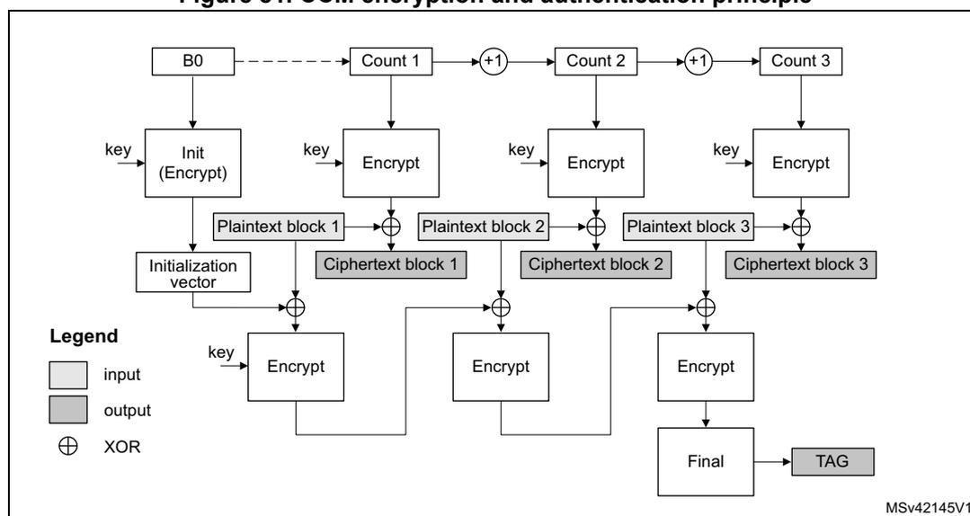 Diagram illustrating the CCM encryption and authentication principle. The process starts with B0, which is input to an 'Init (Encrypt)' block along with a 'key'. The output is the 'Initialization vector'. B0 also feeds into 'Count 1', which is incremented by +1 to become 'Count 2', which is then incremented by +1 to become 'Count 3'. 'Count 1', 'Count 2', and 'Count 3' are input to 'Encrypt' blocks along with the 'key'. The outputs of these 'Encrypt' blocks are XORed with 'Plaintext block 1', 'Plaintext block 2', and 'Plaintext block 3' respectively to produce 'Ciphertext block 1', 'Ciphertext block 2', and 'Ciphertext block 3'. The 'Initialization vector' is XORed with 'Ciphertext block 1' and input to an 'Encrypt' block with the 'key'. The output is XORed with 'Ciphertext block 2' and input to another 'Encrypt' block with the 'key'. The output is XORed with 'Ciphertext block 3' and input to a 'Final' block, which produces the 'TAG'. A legend indicates that white boxes are 'input', grey boxes are 'output', and the circle with a cross symbol is 'XOR'. The diagram is labeled MSv42145V1.