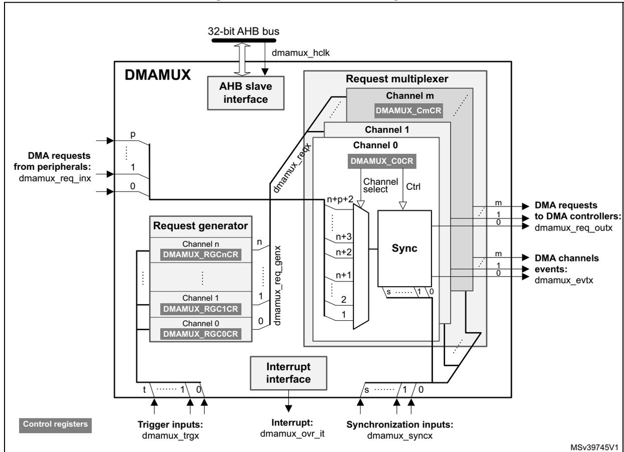 Figure 23. DMAMUX block diagram. The diagram shows the internal architecture of the DMAMUX block. At the top, a 32-bit AHB bus is connected to an AHB slave interface, which is also connected to the dmamux_hclk signal. The main DMAMUX block contains several sub-components: a Request generator (with channels 0, 1, and n, each with a control register DMAMUX_RGChCR), a Request multiplexer (with channels 0, 1, and m, each with a control register DMAMUX_CmCR), a Sync block, and an Interrupt interface. DMA requests from peripherals (dmamux_req_inx) are input to the Request multiplexer. The Request generator outputs (dmamux_req_genx) are also input to the Request multiplexer. The Request multiplexer outputs (dmamux_reqx) are connected to the Sync block and to the DMA requests to DMA controllers (dmamux_req_outx). The Sync block outputs (dmamux_evt) are connected to the DMA channels events (dmamux_evt). The Interrupt interface outputs (dmamux_ovr_it) are connected to the Interrupt. Control registers (DMAMUX_C0CR, DMAMUX_C1CR, DMAMUX_CnCR, DMAMUX_RG0CR, DMAMUX_RG1CR, DMAMUX_RGnCR) are shown for each channel. Trigger inputs (dmamux_trgx) and Synchronization inputs (dmamux_syncx) are also shown.
