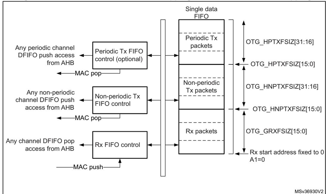 Diagram of Host-mode FIFO address mapping and AHB FIFO access mapping. It shows a 'Single data FIFO' divided into three sections: 'Periodic Tx packets', 'Non-periodic Tx packets', and 'Rx packets'. On the left, three control blocks ('Periodic Tx FIFO control (optional)', 'Non-periodic Tx FIFO control', and 'Rx FIFO control') are connected to the FIFO sections. Arrows indicate data flow: 'Any periodic channel DFIFO push access from AHB' to the Periodic Tx control, 'Any non-periodic channel DFIFO push access from AHB' to the Non-periodic Tx control, and 'Any channel DFIFO pop access from AHB' from the Rx control. 'MAC pop' arrows point from the control blocks to the FIFO, and a 'MAC push' arrow points from the FIFO to the Rx control. On the right, size registers are shown: OTG_HPTXFSIZ[31:16] and OTG_HPTXFSIZ[15:0] for Periodic Tx, OTG_HNPTXFSIZ[31:16] and OTG_HNPTXFSIZ[15:0] for Non-periodic Tx, and OTG_GRXFSIZ[15:0] for Rx. The Rx start address is fixed to 0 (A1=0).