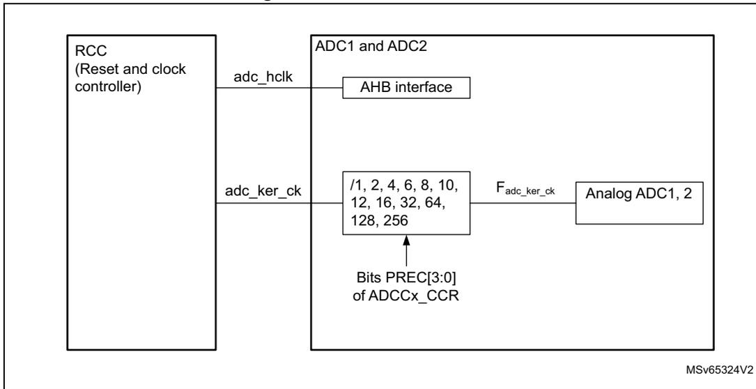 Block diagram of the ADC clock scheme showing connections between RCC, ADC1 and ADC2 (AHB interface), a prescaler, and Analog ADC1, 2.