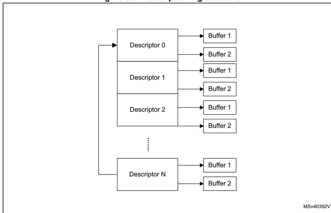 Diagram of the descriptor ring structure showing a circular queue of DMA descriptors and their associated buffers.