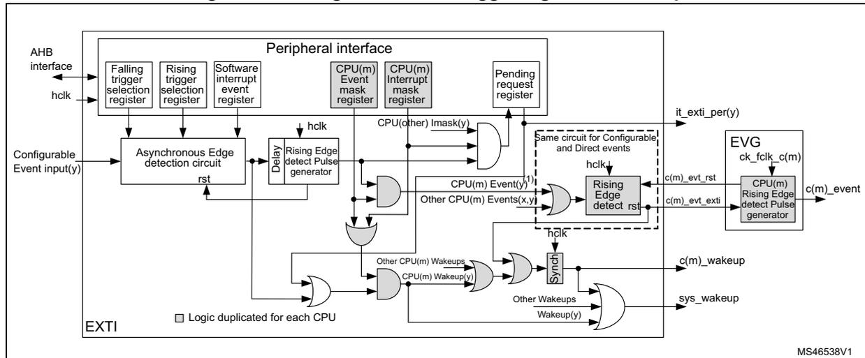 Figure 29. Configurable event trigger logic CPU wakeup. This block diagram illustrates the internal logic of the EXTI for CPU wakeups. On the left, an 'AHB interface' and 'hclk' clock are connected to a 'Peripheral interface' block. This block contains 'Falling trigger selection register', 'Rising trigger selection register', and 'Software interrupt event register'. A 'Configurable Event input(y)' enters an 'Asynchronous Edge detection circuit' which is reset by 'rst'. The output goes through a 'Delay' block and a 'Rising Edge detect Pulse generator' (reset by 'hclk'). The signal then splits: one path goes through an OR gate to a 'CPU(m) Event mask register' and an AND gate with 'CPU(other) Imask(y)' to produce 'CPU(m) Event(y)'; another path goes through an OR gate to 'Other CPU(m) Wakeups' and then to a 'Synch' block (reset by 'hclk') to produce 'c(m)_wakeup'. A 'Pending request register' is also in the peripheral interface. A dashed box labeled 'Same circuit for Configurable, and Direct events' contains a 'Rising Edge detect' block (reset by 'hclk') that takes 'CPU(m) Event(y)' and 'Other CPU(m) Events(x,y)' as input and produces 'c(m)_evt_rst' and 'c(m)_evt_exti'. These signals go to an 'EVG' block with 'ck_fclk_c(m)' clock, which generates 'c(m)_event'. A legend at the bottom left indicates 'Logic duplicated for each CPU'. The diagram is labeled 'EXTI' and 'MS46538V1'.