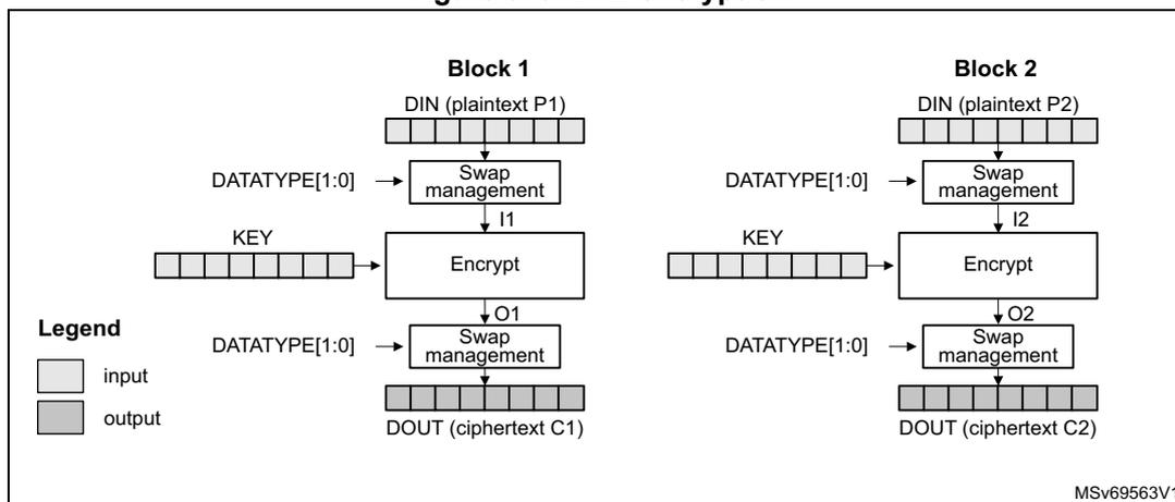 Diagram of ECB encryption showing two blocks, Block 1 and Block 2, processed independently. Each block has a DIN (plaintext), a Swap management block, an Encrypt block, and a DOUT (ciphertext). A KEY is input to the Encrypt block. DATATYPE[1:0] is input to the Swap management blocks. A legend indicates that white boxes are input and grey boxes are output.