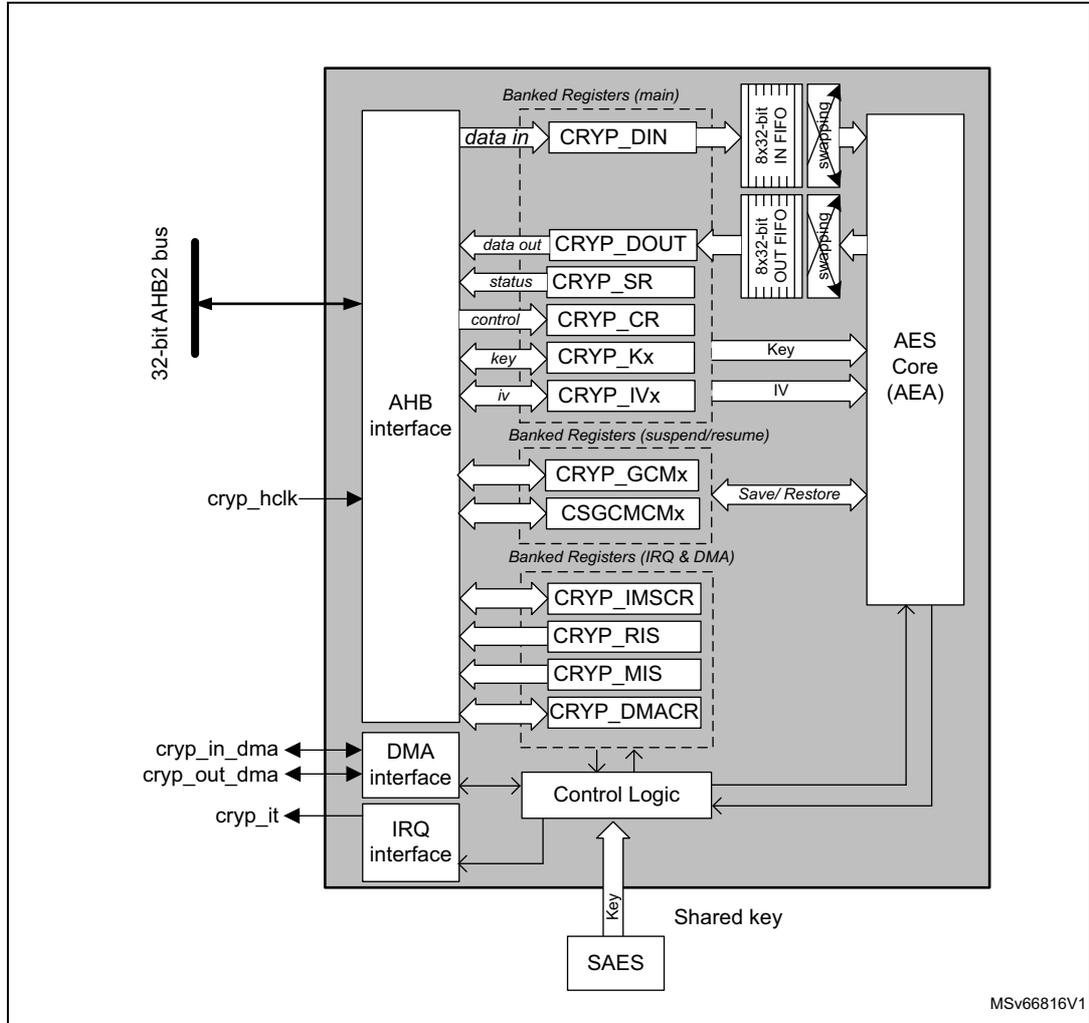 CRYP block diagram showing internal components like AHB interface, registers, FIFOs, AES Core, DMA, and IRQ interfaces connected to external signals like 32-bit AHB2 bus, crypt_hclk, and shared key from SAES.