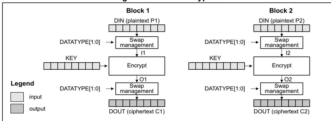Diagram of ECB encryption showing two blocks, Block 1 and Block 2. Each block consists of a Swap management block, an Encrypt block, and another Swap management block. Inputs are DIN (plaintext P1, P2), KEY, and DATATYPE[1:0]. Outputs are DOUT (ciphertext C1, C2). A legend indicates input is white and output is grey.