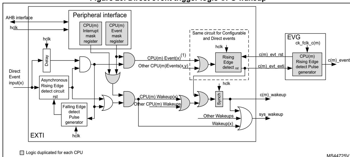 Figure 29: Direct event trigger logic CPU wakeup. This block diagram illustrates the logic for generating CPU wakeups and events from direct input signals. On the left, 'Direct Event input(x)' signals enter the 'EXTI' block. These are processed by an 'Asynchronous Rising Edge detect circuit rst' and a 'Falling Edge detect Pulse generator', both clocked by 'hclk'. The rising edge detection output goes to an OR gate labeled 'CPU(m) Event(x) (1)'. The falling edge detection output goes to another OR gate labeled 'CPU(m) Wakeup(x)'. Both OR gates also receive inputs from 'Other CPU(m)Events(x,y)' and 'Other CPU(m) Wakeups' respectively. These signals then pass through a 'Same circuit for Configurable and Direct events' block, which contains 'Rising Edge detect rst' and 'Sync' blocks, also clocked by 'hclk'. The outputs are 'c(m) evt rst' and 'c(m) wakeup'. The 'c(m) evt rst' signal goes to an 'EVG' block containing a 'CPU(m) Rising Edge detect Pulse generator' clocked by 'ck_fclk_c(m)', which outputs 'c(m)_event'. The 'c(m) wakeup' signal is also output directly. A 'Peripheral interface' block contains 'CPU(m) Interrupt mask register' and 'CPU(m) Event mask register' which control the logic. The 'AHB interface' provides 'hclk' to various components. A legend indicates that logic is duplicated for each CPU. The diagram is labeled MS44725V1.
