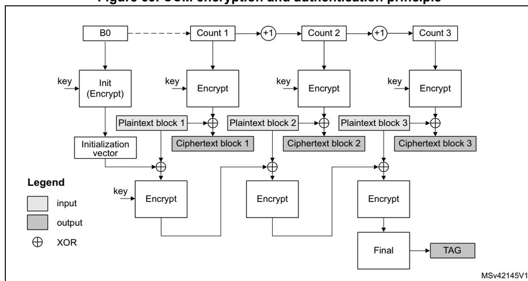 Block diagram of CCM encryption and authentication principle showing the parallel processing of counter mode encryption and CBC-MAC authentication.