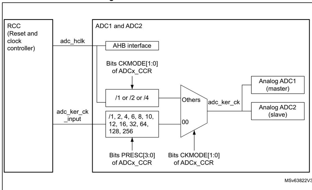 Figure 194. ADC clock scheme diagram showing the clock distribution from the RCC to the ADC1 and ADC2 blocks. The RCC provides adc_hclk and adc_ker_ck_input. The ADC1 and ADC2 block contains an AHB interface, a prescaler (/1 or /2 or /4), and a clock source selector (Others). The prescaler is controlled by Bits CKMODE[1:0] of ADCx_CCR. The clock source selector is controlled by Bits PRESK[3:0] of ADCx_CCR and Bits CKMODE[1:0] of ADCx_CCR. The output of the selector is adc_ker_ck, which is connected to Analog ADC1 (master) and Analog ADC2 (slave).