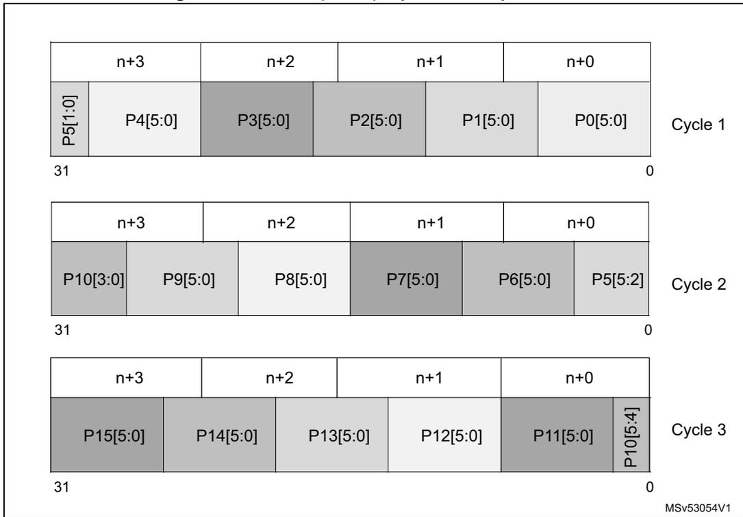 Diagram showing RAW6 (BPP6) input and output format for three cycles. Each cycle has four columns labeled n+3, n+2, n+1, n+0. Cycle 1 contains P5[1:0], P4[5:0], P3[5:0], P2[5:0], P1[5:0], P0[5:0]. Cycle 2 contains P10[3:0], P9[5:0], P8[5:0], P7[5:0], P6[5:0], P5[5:2]. Cycle 3 contains P15[5:0], P14[5:0], P13[5:0], P12[5:0], P11[5:0], P10[5:4]. Bit positions 31 and 0 are indicated at the bottom of each cycle's data row.