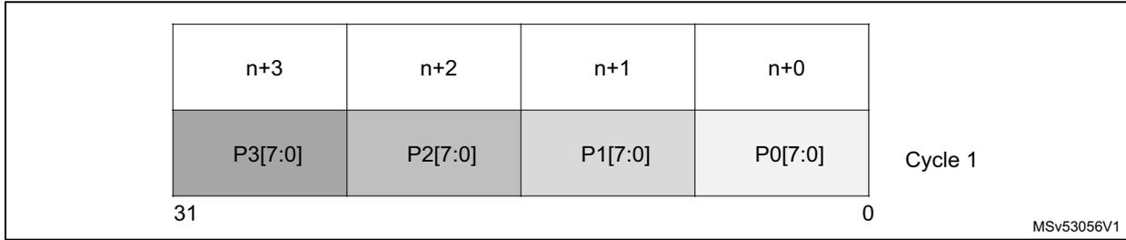 Diagram of Raw8 (BPP8) input and output format for Cycle 1. It shows a 32-bit word structure with four 8-bit pixel data segments: P3[7:0], P2[7:0], P1[7:0], and P0[7:0]. The word is divided into four 16-bit nibbles labeled n+3, n+2, n+1, and n+0. Bit 31 is the start of the first pixel and bit 0 is the end of the last pixel.