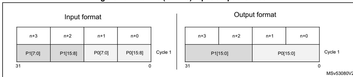 Figure 434. Raw16 (BPP16) input/output format. The diagram shows two tables representing input and output data formats for Cycle 1. The input format table has four columns labeled n+3, n+2, n+1, n+0. The first row contains these labels, and the second row contains P1[7:0], P1[15:8], P0[7:0], P0[15:8]. Bit positions 31 and 0 are indicated at the bottom. The output format table also has four columns labeled n+3, n+2, n+1, n+0. The first row contains these labels, and the second row contains P1[15:0] and P0[15:0] (each spanning two columns). Bit positions 31 and 0 are indicated at the bottom. The text 'MSv53080V2' is in the bottom right corner.