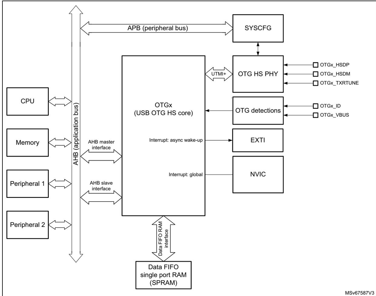 OTG1/OTG2 high-speed block diagram showing the internal architecture of the OTG core connected to CPU, memory, and peripherals via an AHB bus, and to external pins via a PHY.