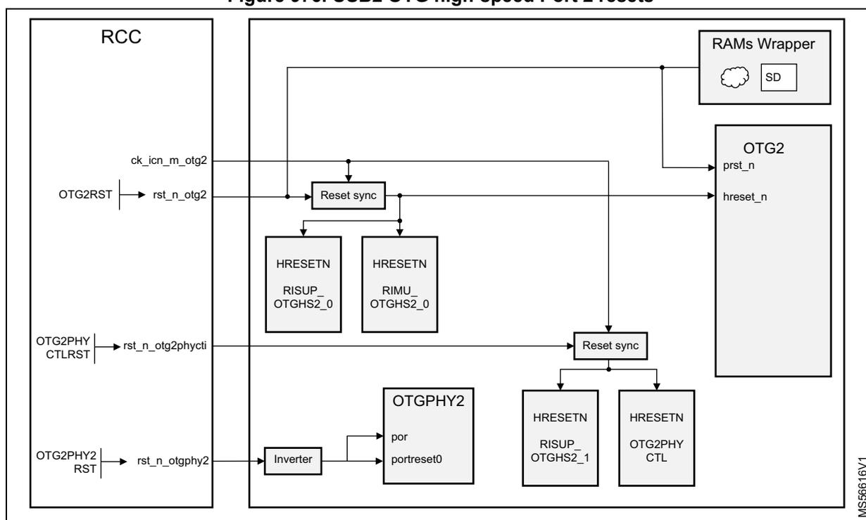 Figure 976. USB2 OTG high-speed Port 2 resets. This block diagram shows the internal reset logic for the USB2 OTG high-speed Port 2. On the left, the RCC (Reset and Clock Control) block provides three active-low reset signals: rst_n_otg2 (from OTG2RST), rst_n_otg2phyctl (from OTG2PHYCTLRST), and rst_n_otgphy2 (from OTG2PHY2RST). The rst_n_otg2 signal is connected to a 'Reset sync' block, which then branches to two 'HRESETN' blocks labeled 'RISUP_OTGHS2_0' and 'RIMU_OTGHS2_0'. The rst_n_otg2phyctl signal is connected to another 'Reset sync' block, which branches to 'HRESETN' blocks labeled 'RISUP_OTGHS2_1' and 'OTG2PHY CTL'. The rst_n_otgphy2 signal is first passed through an 'Inverter' and then to an 'OTGPHY2' block labeled 'por' and 'portreset0'. The 'OTGPHY2' block also receives a reference clock 'ck_icn_m_otg2' from the RCC. The 'RAMs Wrapper' block, containing an 'SD' (SDRAM) component, receives 'prst_n' and 'hreset_n' signals. The 'OTG2' block also receives 'prst_n' and 'hreset_n' signals. The diagram is labeled 'MS56616V1' on the right side.