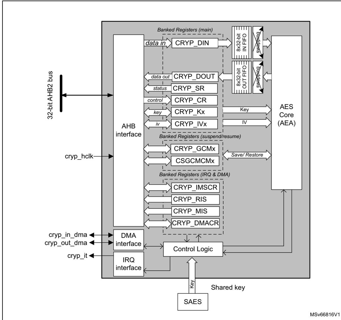 CRYP block diagram showing internal components and external interfaces.