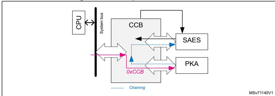 Diagram of CCB operation PKA → SAES. A CPU is connected to a System bus. The System bus is connected to a CCB. The CCB is connected to SAES and PKA. A blue dashed arrow labeled 'Chaining' points from the CCB to SAES. A pink solid arrow points from the CCB to PKA. A pink solid arrow points from the CPU to the CCB. A pink solid arrow points from the CCB to the System bus. A pink solid arrow points from the PKA to the CCB. A pink solid arrow points from the CCB to the PKA. The text '0xCCB' is in the middle. The text 'Msv71140V1' is in the bottom right corner.