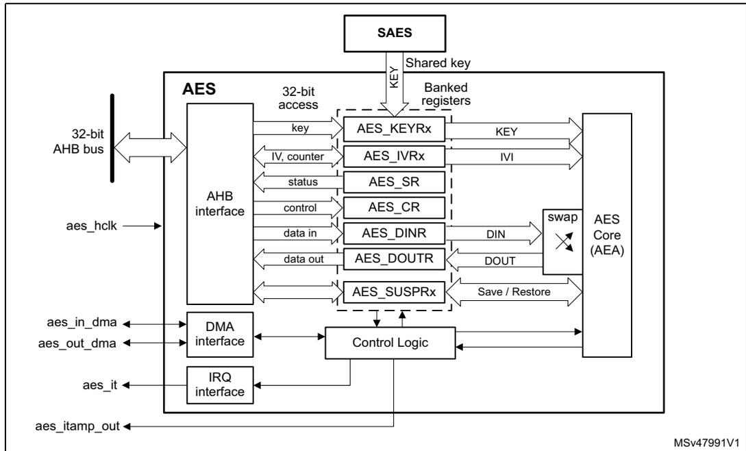 AES block diagram showing internal architecture including SAES, AES block with registers (KEYRx, IVRx, SR, CR, DINR, DOUTR, SUSPRx), AHB interface, DMA interface, IRQ interface, Control Logic, and AES Core (AEA).