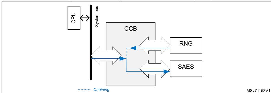 Diagram of CCB operation RNG → SAES (write). A CPU is connected to a System bus. The System bus is connected to a CCB (Coupling and Chaining Bridge). The CCB is connected to an RNG (Random Number Generator) and a SAES (Secure AES coprocessor). A dashed blue arrow indicates the 'Chaining' operation from the RNG to the SAES through the CCB. A solid blue arrow indicates the 'Coupling' operation from the CCB to the SAES. The diagram is labeled MSV71153V1.