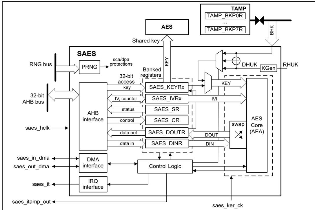 SAES block diagram showing internal components like PRNG, AHB interface, registers (KEYRx, IVRx, SR, CR, DOUTR, DINR), DMA and IRQ interfaces, Control Logic, and the AES Core (AEA). It also shows external connections to RNG bus, 32-bit AHB bus, saes_hclk, saes_in_dma, saes_out_dma, saes_it, and saes_itamp_out. Internal signals include Shared key, KEY, IVI, DOUT, and DIN. A TAMP block with backup registers and a BHK input are also shown.