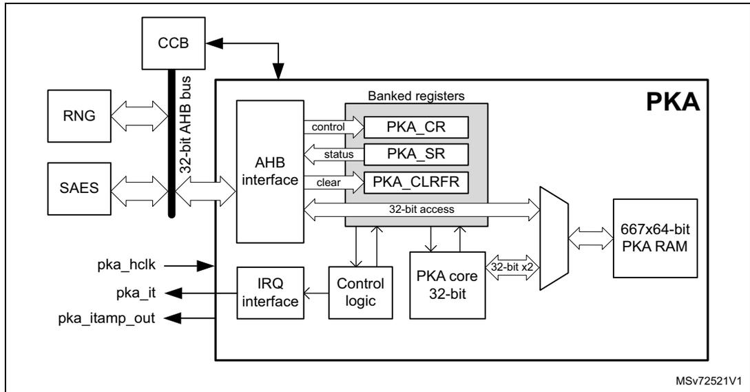 PKA block diagram showing internal components: CCB, RNG, SAES, 32-bit AHB bus, AHB interface, Banked registers (PKA_CR, PKA_SR, PKA_CLRFR), 32-bit access, 667x64-bit PKA RAM, PKA core 32-bit, Control logic, and IRQ interface. External signals include pka_hclk, pka_it, and pka_itamp_out.