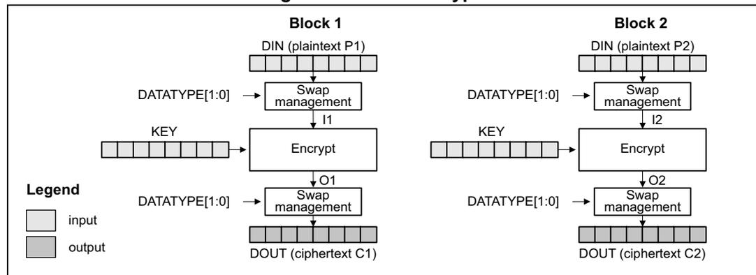 Diagram of ECB encryption showing two blocks, Block 1 and Block 2, processed independently. Each block has a DIN (plaintext) input, a Swap management block, an Encrypt block, and a DOUT (ciphertext) output. The KEY and DATATYPE[1:0] inputs are shown for each block. A legend indicates that light gray boxes represent input and dark gray boxes represent output.