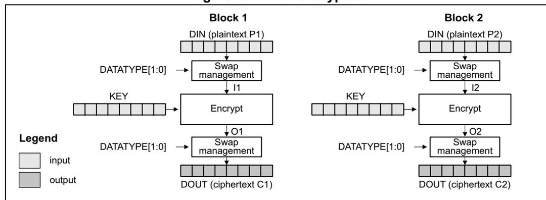 Diagram of ECB encryption showing two blocks, Block 1 and Block 2, processed independently. Each block has a DIN (plaintext) input, a Swap management block, an Encrypt block, and a DOUT (ciphertext) output. The KEY and DATATYPE[1:0] inputs are shown for each block. A legend indicates input (white) and output (gray) blocks.