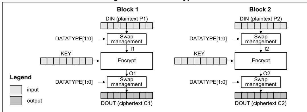 Diagram of ECB encryption showing two blocks, Block 1 and Block 2, processed independently. Each block has a DIN (plaintext) input, a Swap management block, an Encrypt block, and a DOUT (ciphertext) output. A KEY is input to the Encrypt block. DATATYPE[1:0] is input to the Swap management blocks. A legend indicates that light gray boxes are input and dark gray boxes are output.