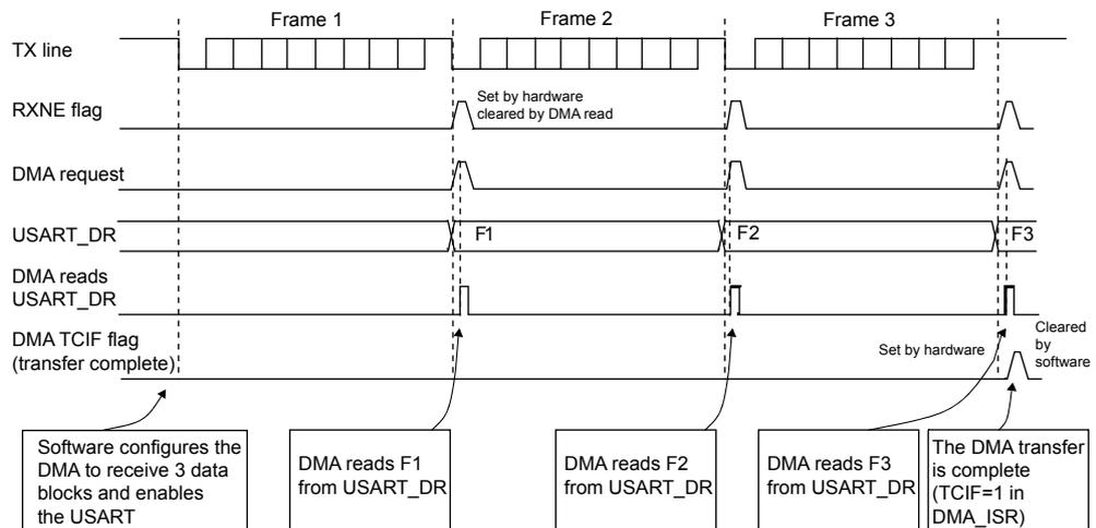 Timing diagram for Figure 146: Reception using DMA. The diagram shows the sequence of events for receiving three frames (Frame 1, Frame 2, Frame 3) via DMA. The TX line shows the data for each frame. The RXNE flag is set by hardware when a byte is received and cleared by a DMA read. The DMA request is triggered when the RXNE flag is set. The USART_DR register contains the received data (F1, F2, F3). The DMA reads the data from the USART_DR register. The DMA TCIF flag (transfer complete) is set by hardware when the DMA transfer is complete and cleared by software. Callouts explain: 'Software configures the DMA to receive 3 data blocks and enables the USART', 'DMA reads F1 from USART_DR', 'DMA reads F2 from USART_DR', 'DMA reads F3 from USART_DR', and 'The DMA transfer is complete (TCIF=1 in DMA_ISR)'.